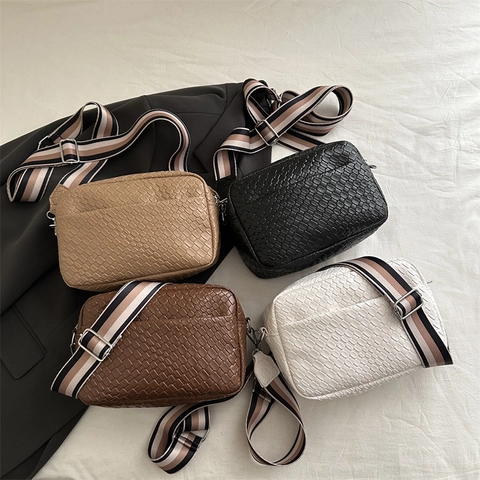 Damen Fashion Gewebte Textur PU Leder Umhängetasche Trendy Breiter Gestreifter Gurt Crossbody Quadratische Tasche