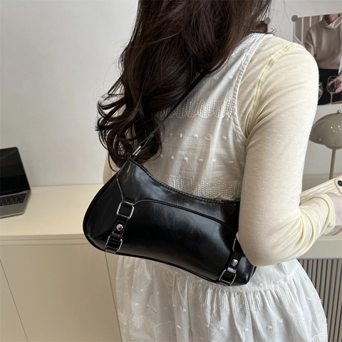 Bolso de Axila para Mujer de Cuero PU de Color Sólido Minimalista Bolso de Hombro de Moda Con Hebilla Plateada Decoración Bolso Retro