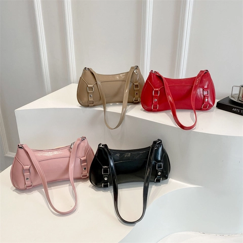 Bolso de Axila para Mujer de Cuero PU Minimalista Color Sólido Bolso de Hombro Baguette Estilo Retro Ocio Diario