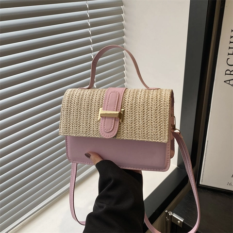 Bolso de Hombro de Paja Tejida Patchwork para Mujer Cuero PU Color de Contraste Bolso Bandolera Cuadrado Pequeño Con Asa