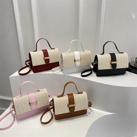 Mode Geweven Patchwork PU Leer Schoudertas Voor Vrouwen Casual Kleine Vierkante Crossbody Tas Top Handvat Handtas Contrast Tas