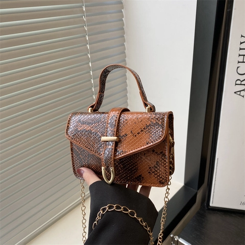 Damen Mini Quadratische Tasche Schlangenmuster PU Leder Metallkette Griff Vintage Klappe Umhängetasche