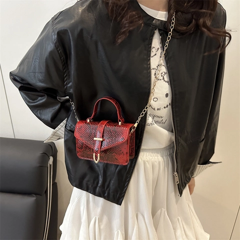 Damen Mini Quadratische Tasche Schlangenmuster PU Leder Metallkette Griff Vintage Klappe Umhängetasche