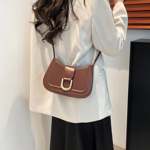 Bolso de Axila de Cuero PU Minimalista para Mujer Bolso de Hombro de Color Sólido Con Hebilla de Metal Correa Anudada