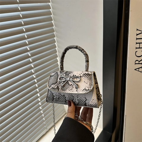 Mini Borsa A Tracolla Da Donna Motivo Serpente Pelle PU Decorazione Fiocco Argentato Borsa Quadrata Con Catena
