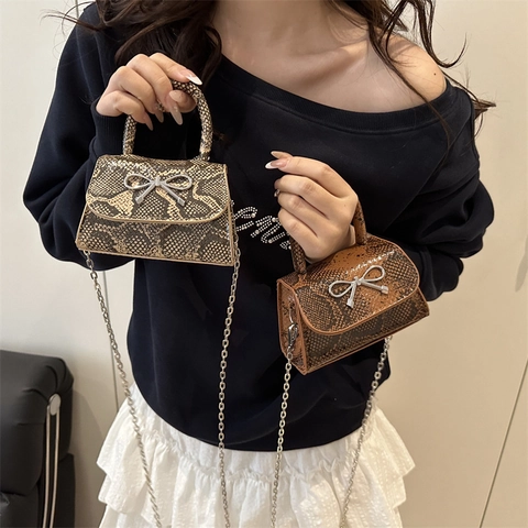 Mini Borsa A Tracolla Da Donna Motivo Serpente Pelle PU Decorazione Fiocco Argentato Borsa Quadrata Con Catena