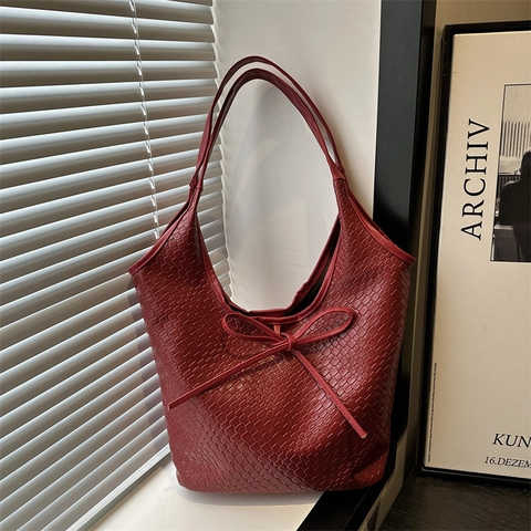 Women Large Capacity Woven PU Leather Tote Bag Retro Urban Shoulder Bag With Bowknot Decoration Solid Color Underarm Bag