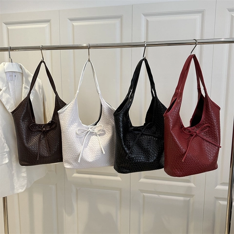 Damen Vintage Gewebt Einkaufstasche Große Kapazität Schultertasche Mit Schleife Dekor PU Leder Handtasche Für Den Alltag