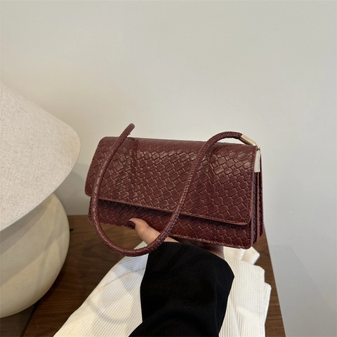 Borsa da Sottobraccio Intrecciata in Pelle PU da Donna Borsa a Spalla Quadrata Semplice retrò Elegante Borsa a Mano Con Copertura a Patta e Fibbia in Metallo Dorato