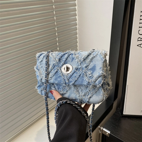 Dames Spijkerstof Doorgestikte Crossbodytas Gerafelde Ketting Schoudertas Mode Kleine Vierkante Tas Voor Dagelijks Gebruik