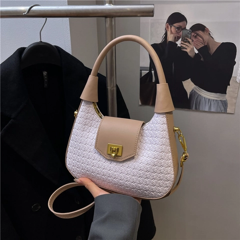 Französischer Stil Gewebte Umhängetasche Aus PU Leder Für Damen Urbane Minimalistische Hobo Tasche Mit Metallschloss Und Verstellbarem Riemen