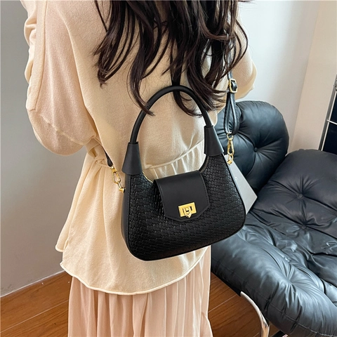 Französischer Stil Gewebte Umhängetasche Aus PU Leder Für Damen Urbane Minimalistische Hobo Tasche Mit Metallschloss Und Verstellbarem Riemen