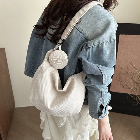 Bolso Bandolera Pana Textura Gofre Media Luna Bolso De Hombro Con Mini Bolsa Redonda Para Mujeres Informal Retro