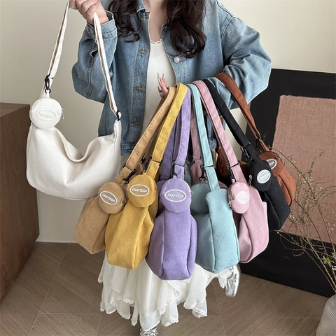 Women Corduroy Crescent Shoulder Bag Large Capacity Solid Color Tote Bag With Coin Purse Casual Crossbody Hobo Bag