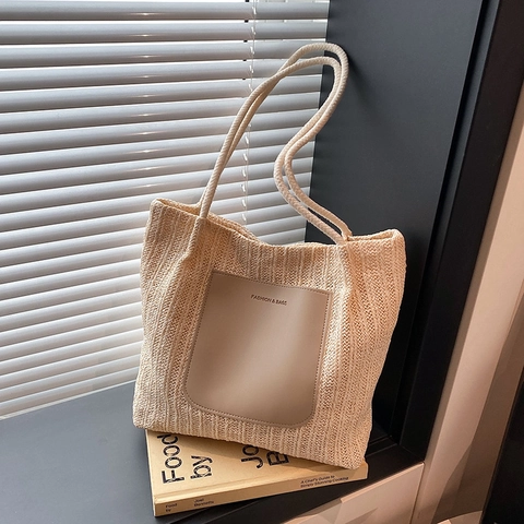 Große Gewebte Stroh-Tote-Bag Mit Externer PU-Ledertasche Geflochtene Seilgriffe Sommer Strand Handtasche Für Damen