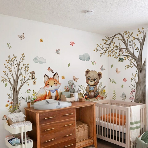 Stickers Muraux Animaux De La Forêt Aquarelle PVC Autocollant Décoration Pépinière Ours Renard Lapin Arbre Pour Chambre Enfant