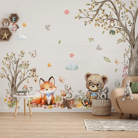 Stickers Muraux Animaux De La Forêt Aquarelle PVC Autocollant Décoration Pépinière Ours Renard Lapin Arbre Pour Chambre Enfant