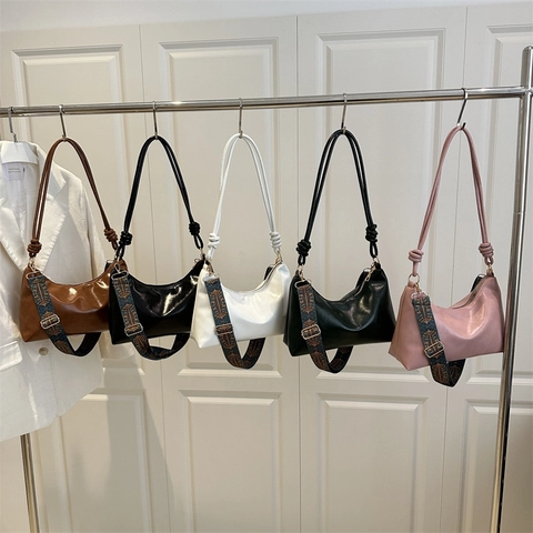 French Vintage PU Leather Tote Bag For Women Minimalist Knotted Shoulder Crossbody Bag With Jacquard Strap Underarm Bag