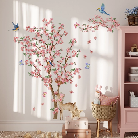 Stickers Muraux Fleurs De Cerisier PVC Oiseau Cerf Branche D'Arbre Pour Chambre Salon Imperméable Autocollant Amovible