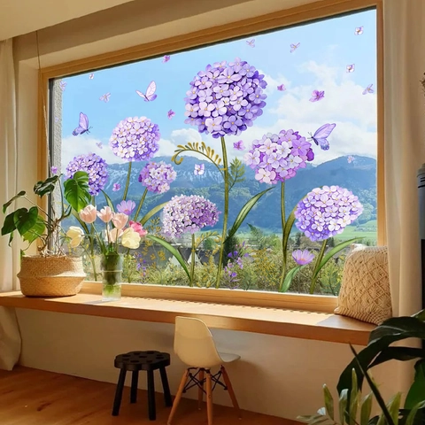 Lila Hortensien Schmetterling Statische Fensteraufkleber Abnehmbare PVC Glasaufkleber Dekorative Heimdekoration