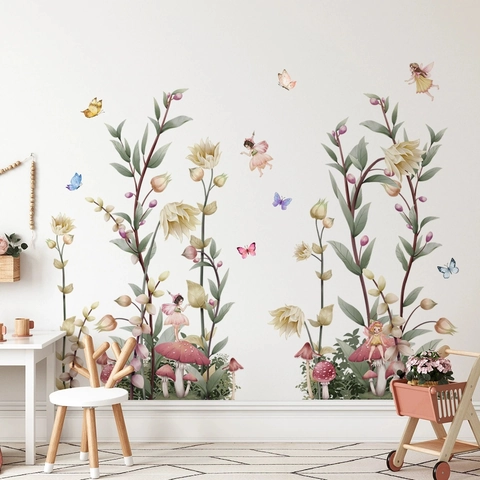 Adesivi Murali Fata Dei Fiori Acquerello PVC Farfalla Fungo Decalcomanie Per Cameretta Bambini Soggiorno Stile Dipinto A Mano