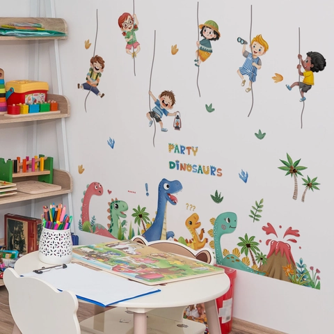 Cartoon Dinosaurier Und Kletternde Kinder Wandaufkleber PVC Selbstklebend Wasserdichte Aufkleber Für Kinderzimmer