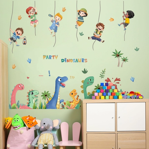Cartoon Dinosaurier Und Kletternde Kinder Wandaufkleber PVC Selbstklebend Wasserdichte Aufkleber Für Kinderzimmer