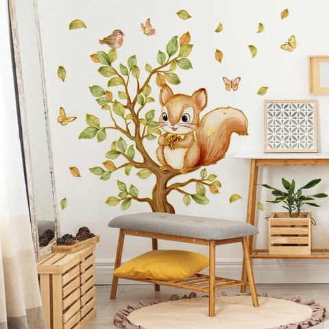 Adesivi Murali Ramo D'albero Scoiattolo Foglia D'oro Vinile PVC Impermeabile Animali Cartoni Animati Per Bambini