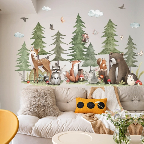 Stickers Muraux Animaux De La Forêt PVC Aquarelle Cerf Ours Renard Pins Décoration Chambre Enfant Autocollants