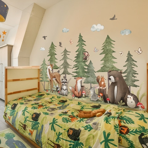 Stickers Muraux Animaux De La Forêt PVC Aquarelle Cerf Ours Renard Pins Décoration Chambre Enfant Autocollants