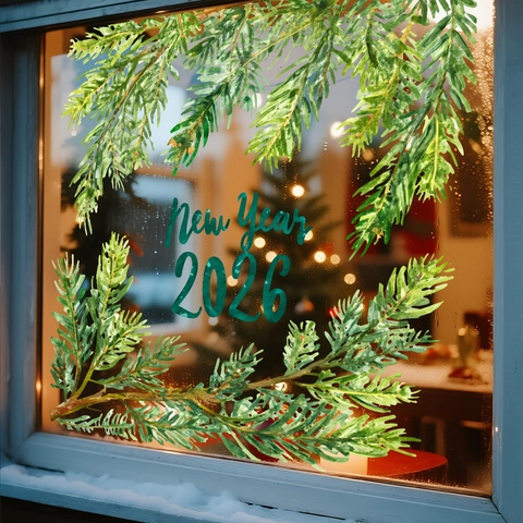 Capodanno 2026 Natale Adesivo Statico per Finestra Motivo Floreale Rami di Pino Decorazione Vetro Festiva PVC Removibile Ornamento Casa Festa