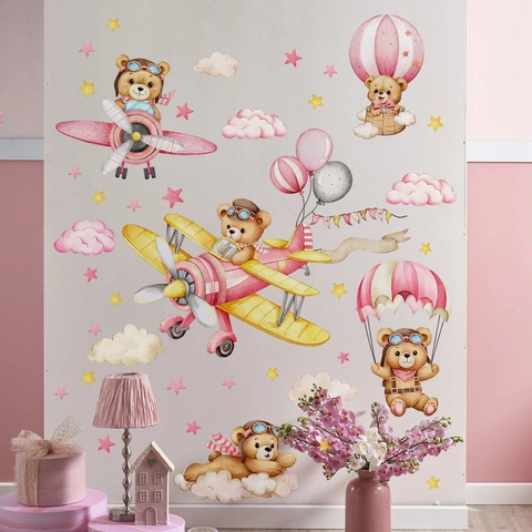 Stickers Muraux Ours Pilote Avion Rose Montgolfière Nuage Étoiles Décalcomanies PVC Pour Décor De Chambre D'Enfant Aquarelle