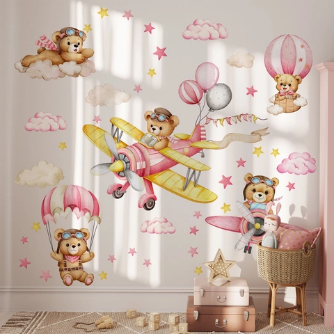 Stickers Muraux Ours Pilote Avion Rose Montgolfière Nuage Étoiles Décalcomanies PVC Pour Décor De Chambre D'Enfant Aquarelle