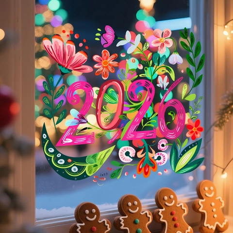 Capodanno 2026 Natale Adesivo Statico per Finestra Motivo Floreale Rami di Pino Decorazione Vetro Festiva PVC Removibile Ornamento Casa Festa