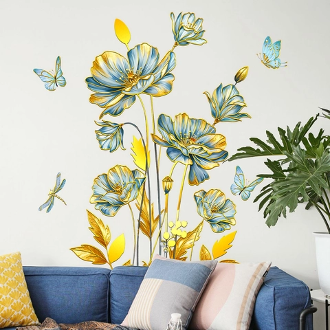 Blauwe Bloemen Goudstempelen Muursticker Creatieve Bloemen Vlinder Libel Zelfklevende PVC Sticker Voor Huisdecoratie
