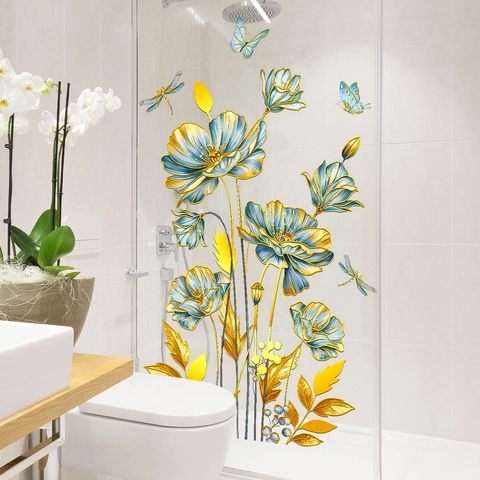 Blauwe Bloemen Goudstempelen Muursticker Creatieve Bloemen Vlinder Libel Zelfklevende PVC Sticker Voor Huisdecoratie