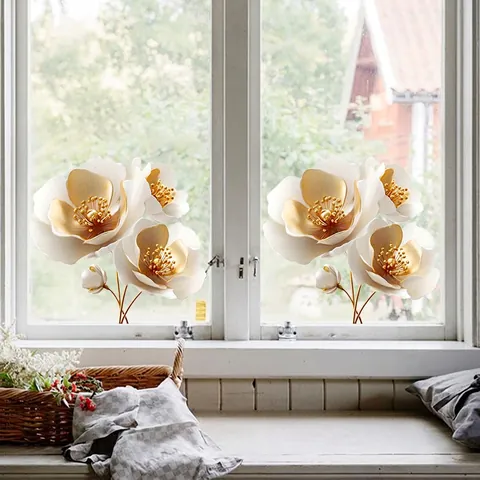 Pegatinas De Ventana Florales Adhesión Estática PVC Reutilizables Calcomanías Oro Blanco Para Superficie De Vidrio Decoración