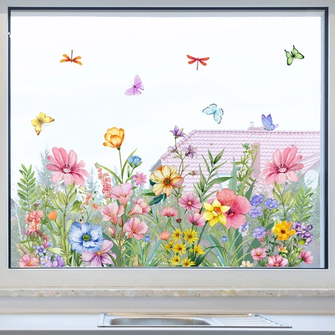 Aquarell Blumen Schmetterling Statisch Haftende Fensterbilder Doppelseitig Sichtbar Abnehmbar PVC Dekoration Für Fenster