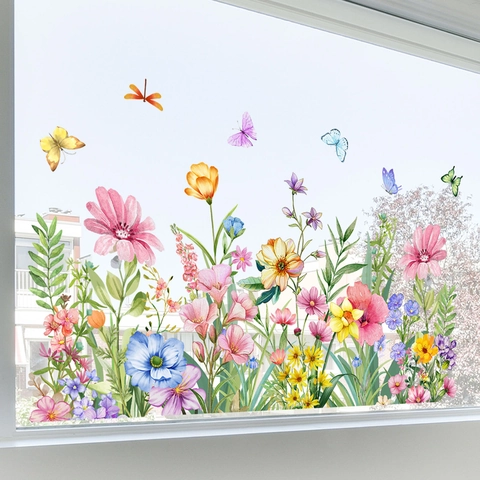 Aquarell Blumen Schmetterling Statisch Haftende Fensterbilder Doppelseitig Sichtbar Abnehmbar PVC Dekoration Für Fenster