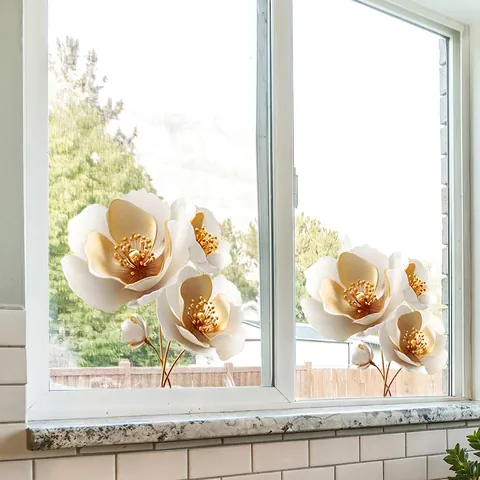 Pegatinas De Ventana Florales Adhesión Estática PVC Reutilizables Calcomanías Oro Blanco Para Superficie De Vidrio Decoración