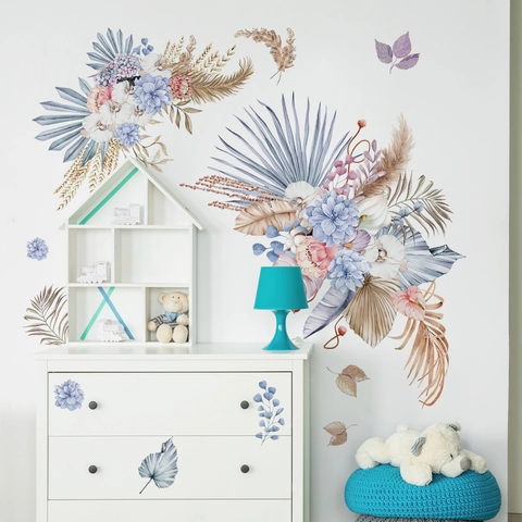 Bohemian Style Watercolor Floral Leaf Self-Adhesive Wall Stickers Removable PVC Art Mural For Home Living Room Bedroom Decor
