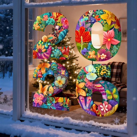 2026 Happy New Year Window Stickers PVC Static Floral Butterfly Decals Festive Glass Decoration For Home Shop Celebration