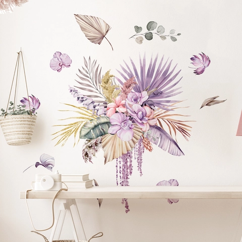 Bohemian Style Watercolor Floral Leaf Self-Adhesive Wall Stickers Removable PVC Art Mural For Home Living Room Bedroom Decor