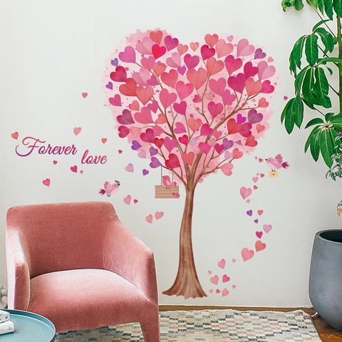 Romantic Love Heart Tree Wall Sticker PVC Removable Self Adhesive Watercolor Pink Purple Floral Decal For Bedroom Home Decor