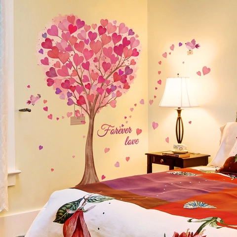 Romantic Love Heart Tree Wall Sticker PVC Removable Self Adhesive Watercolor Pink Purple Floral Decal For Bedroom Home Decor