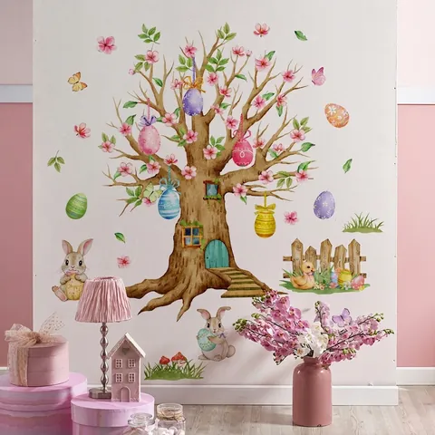 Adesivo da Parete Pasquale Acquerello Grande Albero Coniglio Uovo Farfalla Floreale Decalcomania Per Soggiorno Camera Bambini Decorazione