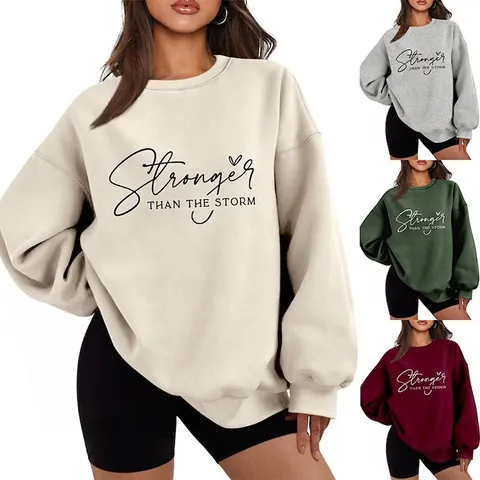 Sweat-shirt Oversize pour Femmes Mélange de Coton Doublé de Polaire Col Rond Imprimé de Lettres Manches Longues Pull Chaud