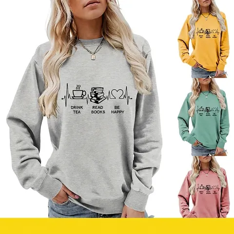 Women Pullover Sweatshirt Cotton Polyester Blend Crewneck Long Sleeve Drink Tea Read Books Be Happy Heartbeat Print Casual