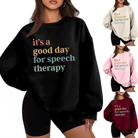 Sweat-shirt Femme Coton Polaire Col Rond Oversized Speech Therapy Imprimé Lettres Coloré Décontracté Ample Chaud Pull