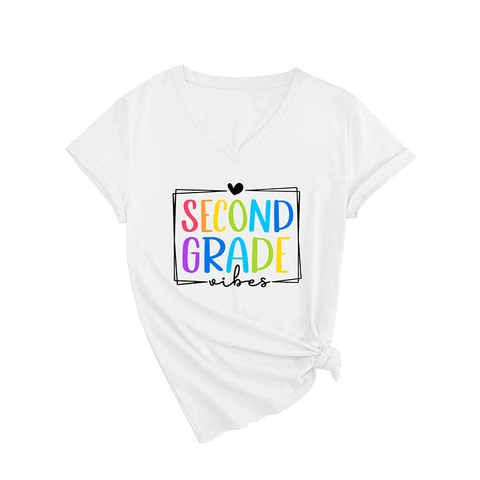 Women's Casual V-Neck Short Sleeve T-Shirt Second Grade Vibes Colorful Letter Heart Print Cotton Blend Loose Fit Graphic Tee Top